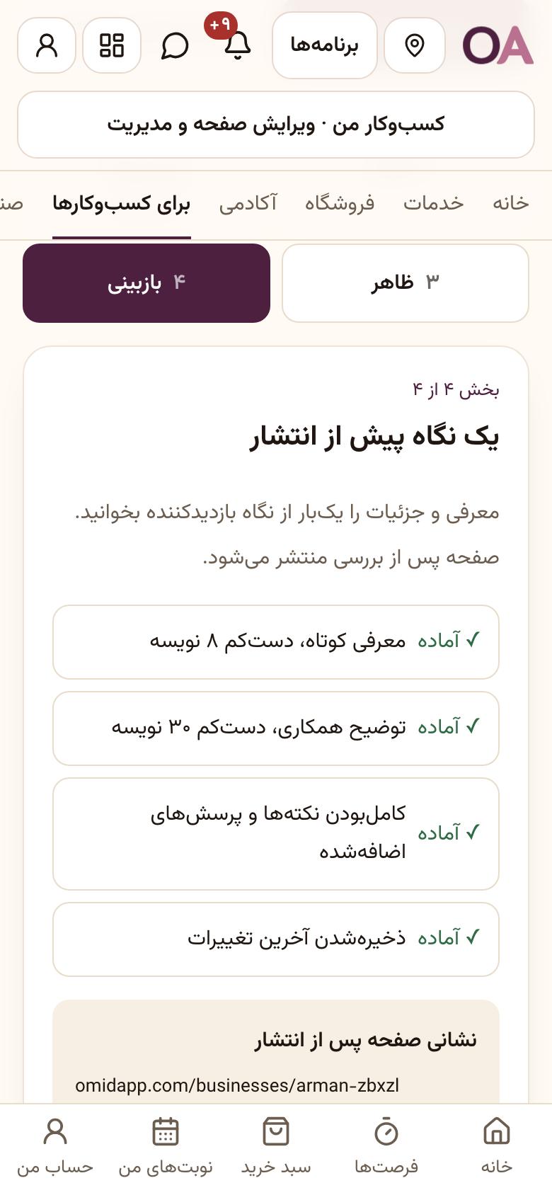 صفحهٔ کسبوکار (سایت): بازبینی و انتشار